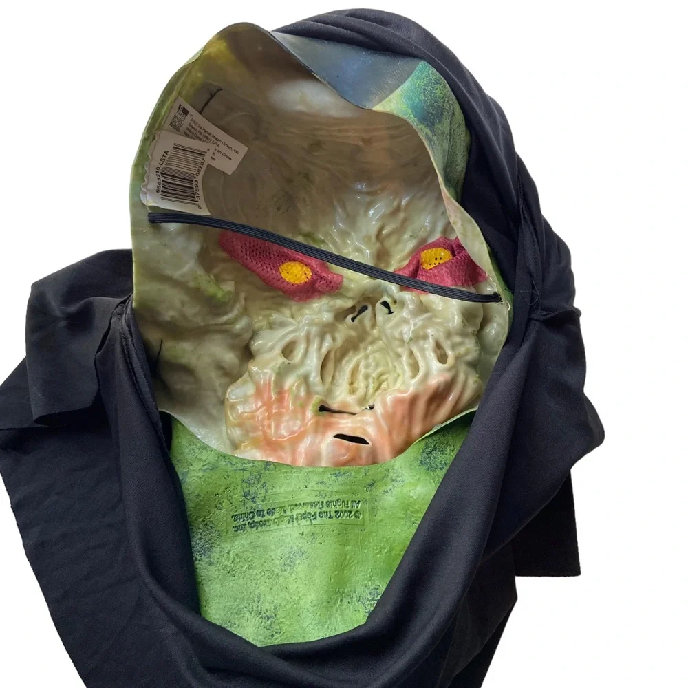 PAPER MAGIC Vintage Monster Mask 2002 Scary Green Teeth Halloween Costume Hood